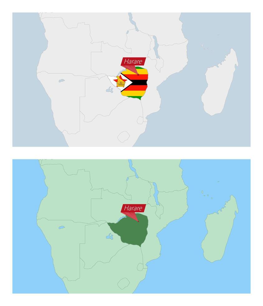 Zimbabwe map with pin of country capital. Two types of Zimbabwe map with neighboring countries. vector