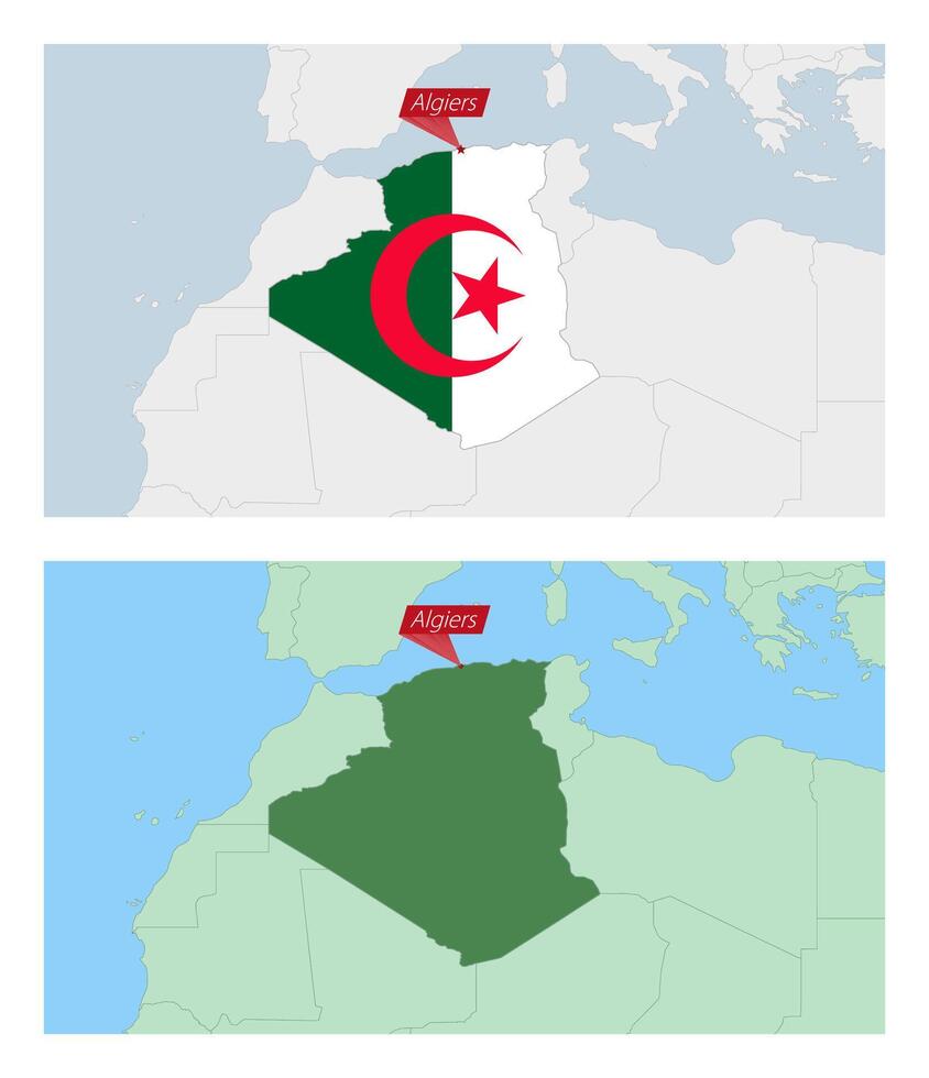 Algeria map with pin of country capital. Two types of Algeria map with neighboring countries. vector