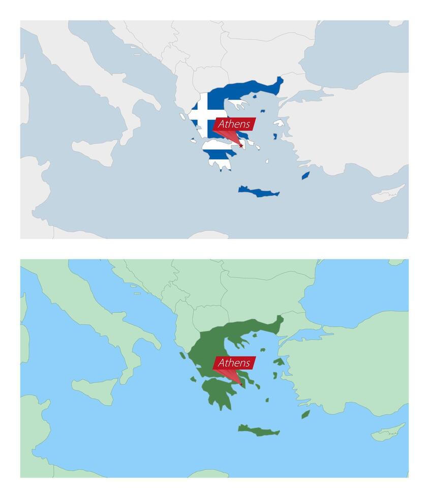 Greece map with pin of country capital. Two types of Greece map with neighboring countries. vector