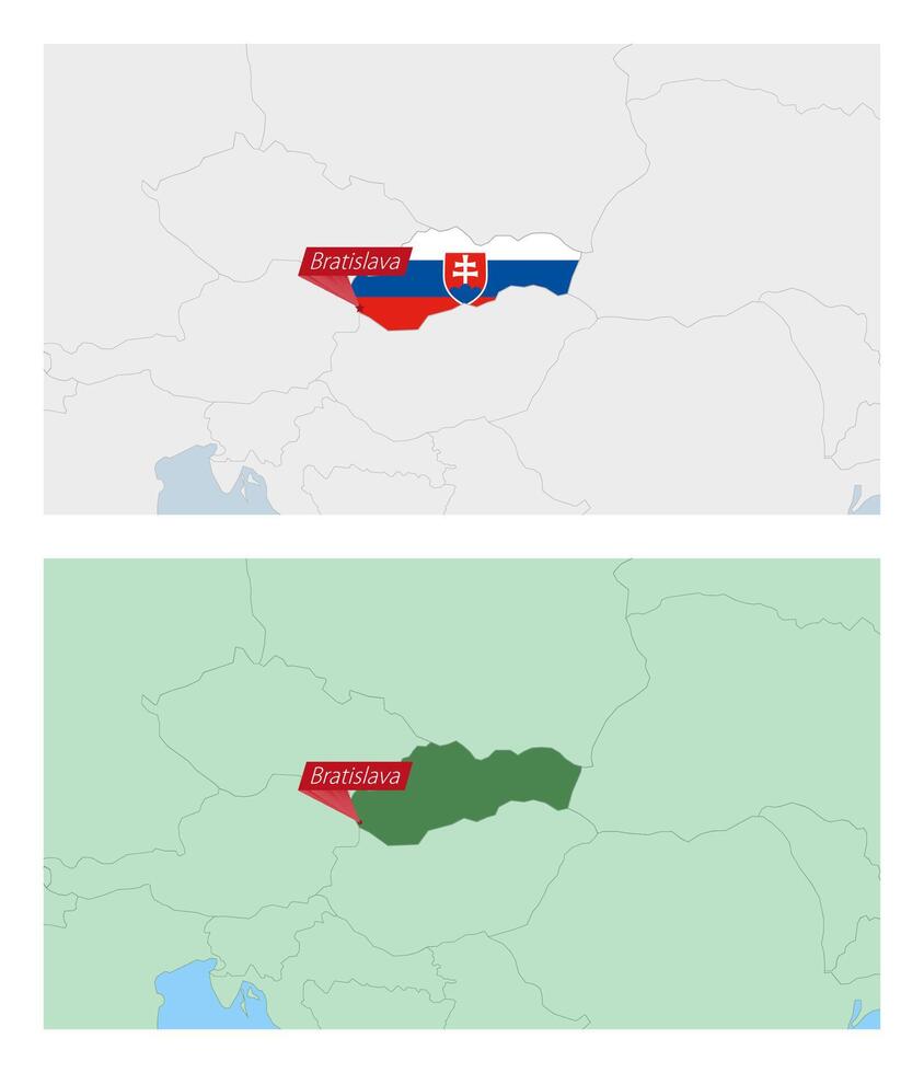 Slovakia map with pin of country capital. Two types of Slovakia map with neighboring countries. vector