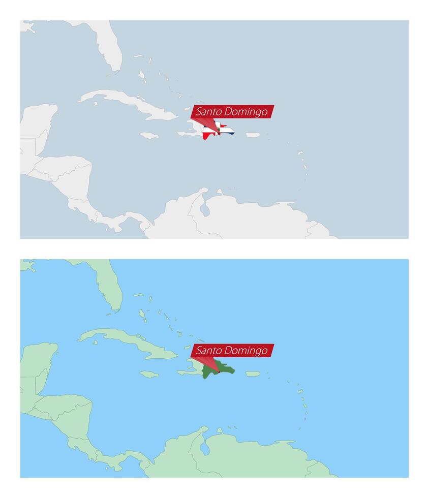 Dominican Republic map with pin of country capital. Two types of Dominican Republic map with neighboring countries. vector