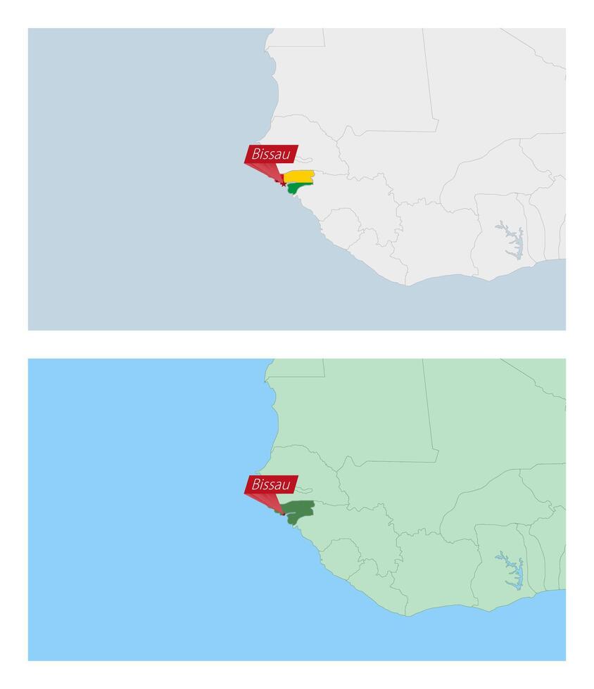 Guinea-Bissau map with pin of country capital. Two types of Guinea-Bissau map with neighboring countries. vector