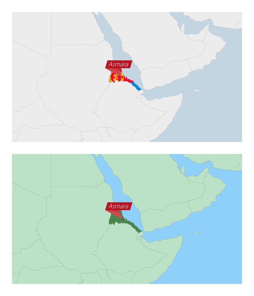 Eritrea map with pin of country capital. Two types of Eritrea map with neighboring countries. vector
