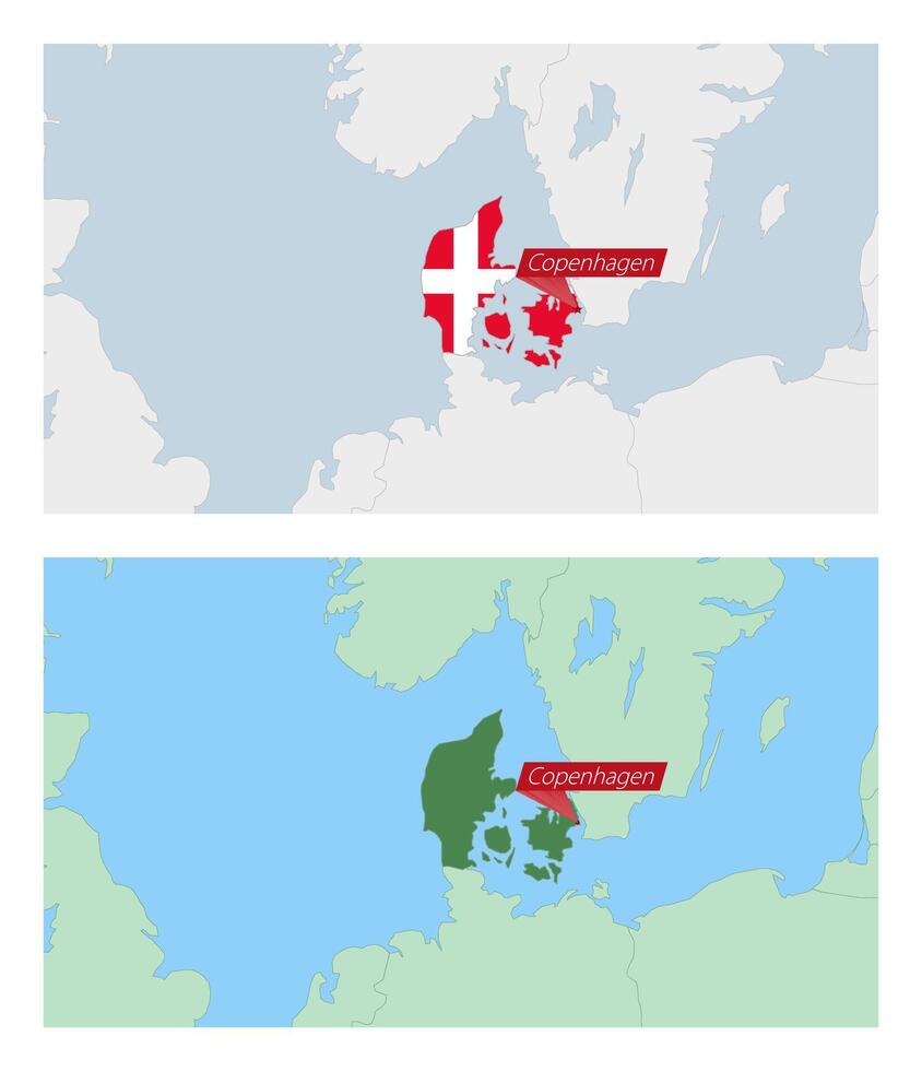 Denmark map with pin of country capital. Two types of Denmark map with neighboring countries. vector