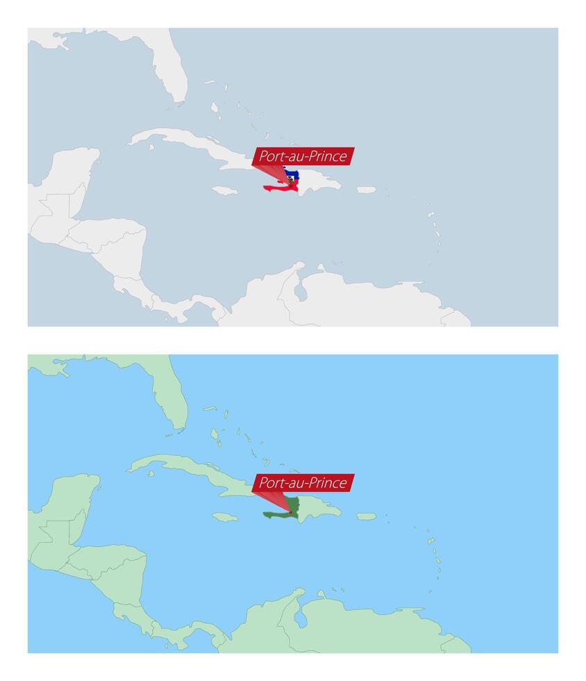 Haiti map with pin of country capital. Two types of Haiti map with neighboring countries. vector
