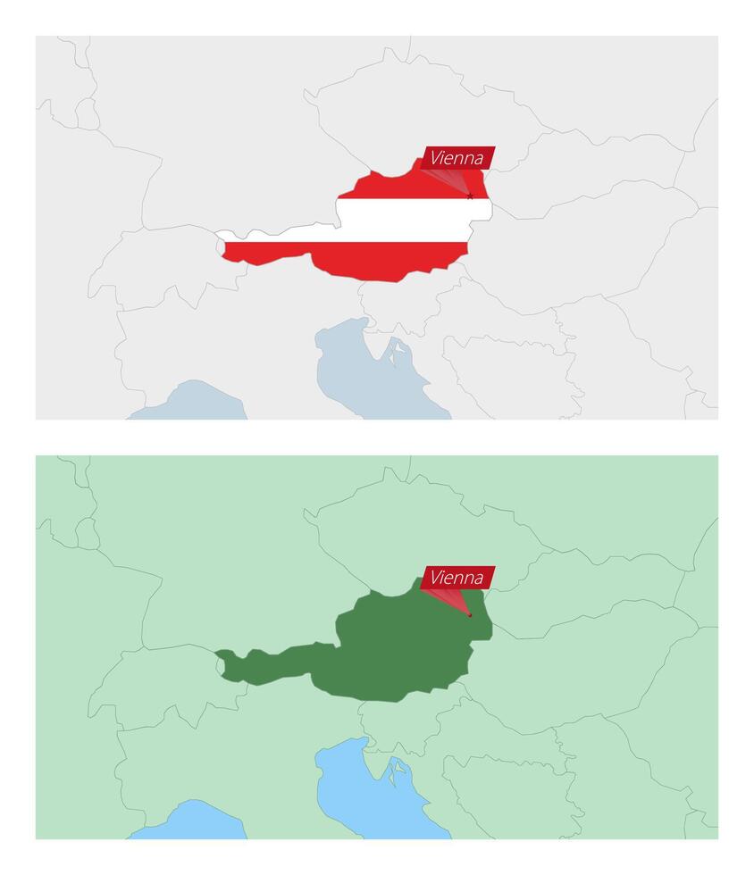 Austria map with pin of country capital. Two types of Austria map with neighboring countries. vector
