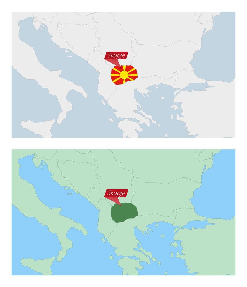 North Macedonia map with pin of country capital. Two types of North Macedonia map with neighboring countries. vector