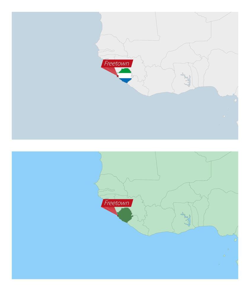 Sierra Leone map with pin of country capital. Two types of Sierra Leone map with neighboring countries. vector
