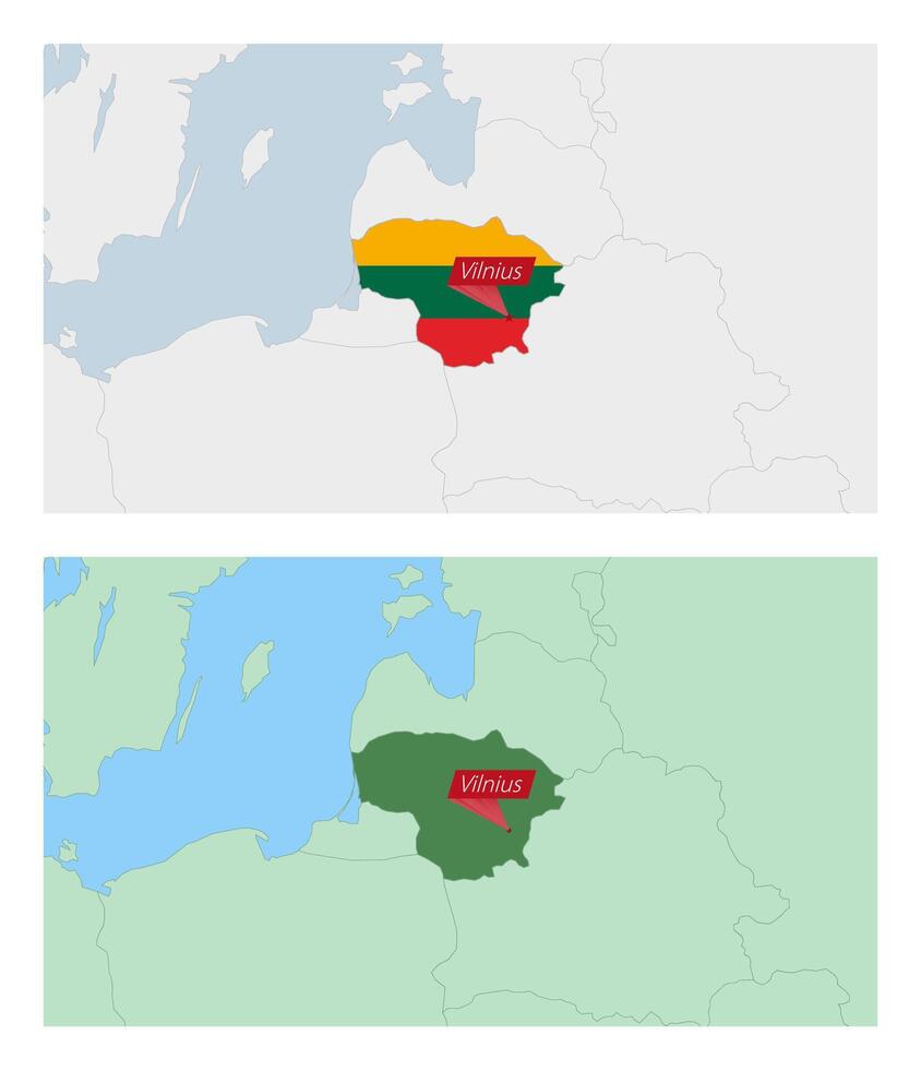 Lithuania map with pin of country capital. Two types of Lithuania map with neighboring countries. vector