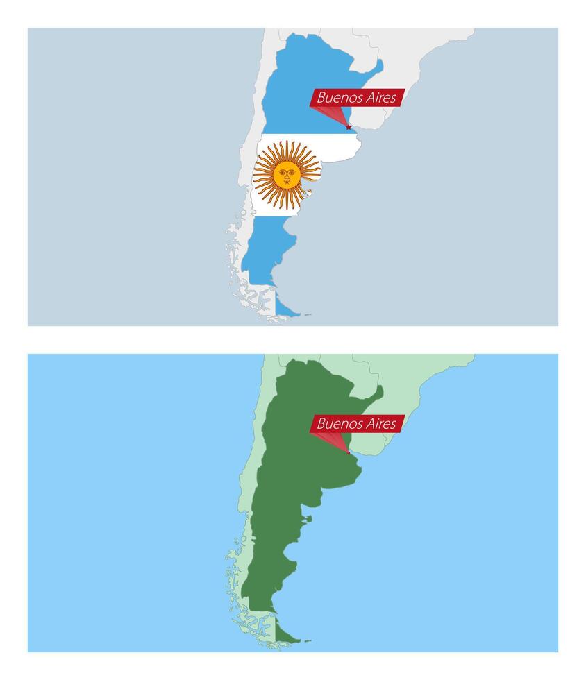 Argentina map with pin of country capital. Two types of Argentina map with neighboring countries. vector