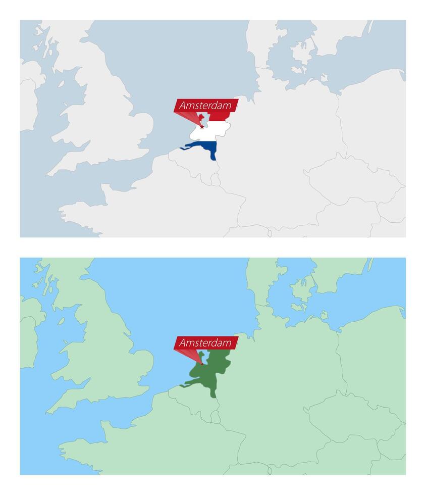 Netherlands map with pin of country capital. Two types of Netherlands map with neighboring countries. vector