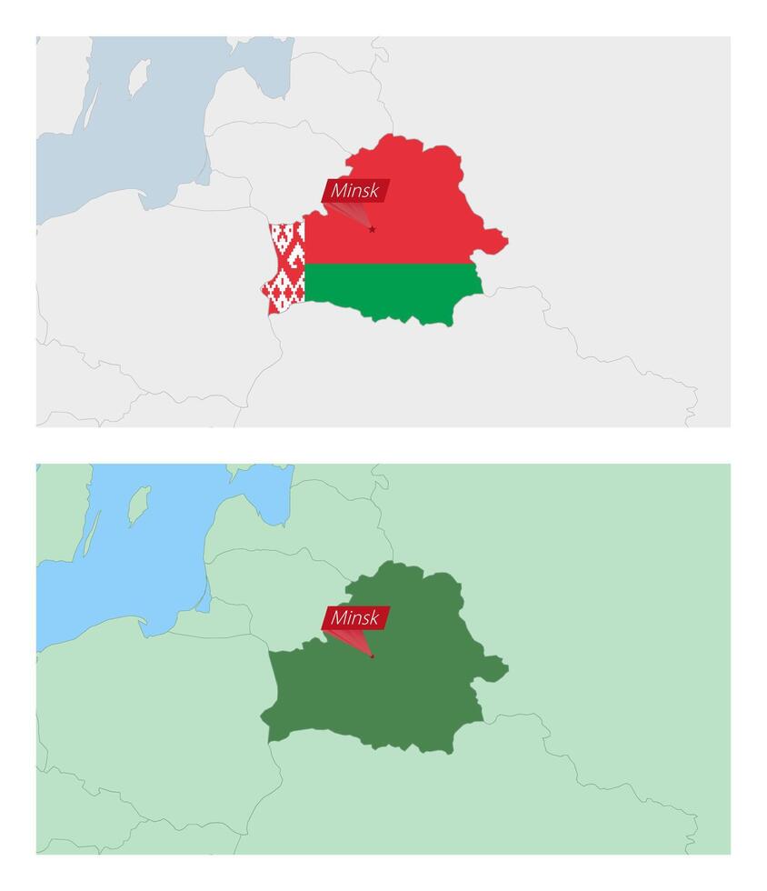Belarus map with pin of country capital. Two types of Belarus map with neighboring countries. vector