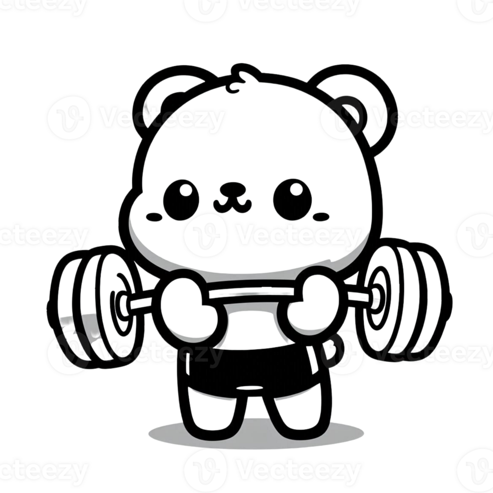 A black and white drawing of a bear lifting a barbell png