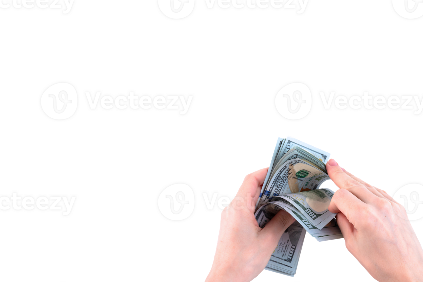 Counting paper money, American hundred dollar bills being counted by female hands. Transparent background. Copy space. png