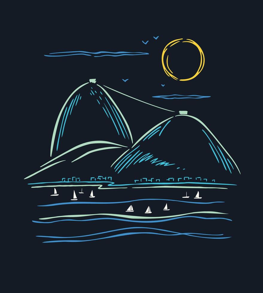 Illustration in simple and uncluttered lines of a landscape of the city of Rio de Janeiro, Editable art.Brazil. vector