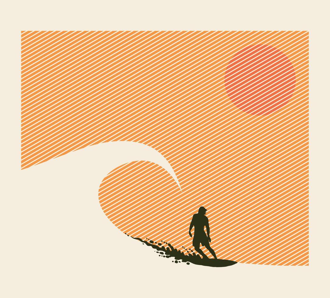 Surfer silhouette illustration on wave. Graphic style art. vector