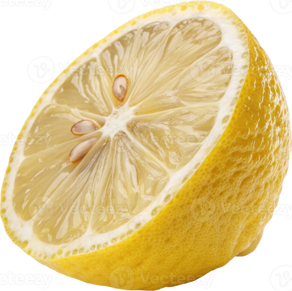A juicy ripe lemon slice showcasing the bright yellow color tangy scent and textured skin of the citrus fruit png