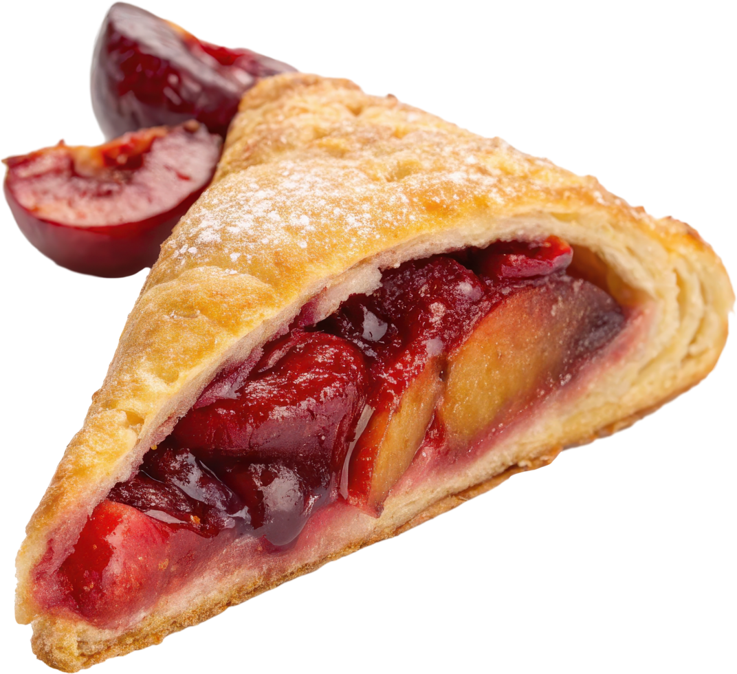 Freshly baked plum turnover with a flaky crust png