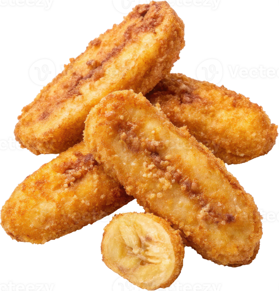 Bite sized pieces of golden crispy fried banana with a sweet caramelized exterior and a soft tropical interior png
