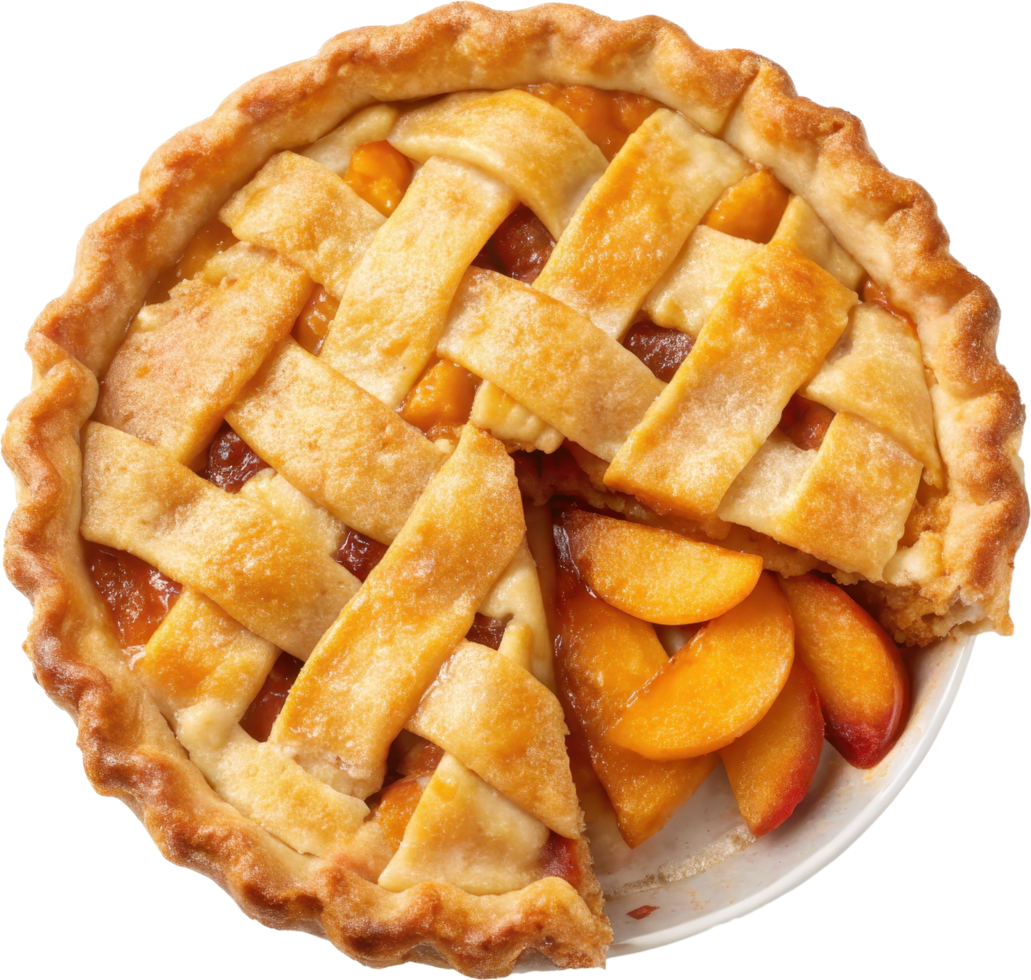 Homemade peach pie with a flaky crust and a lattice top revealing the juicy ripe peach filling inside png