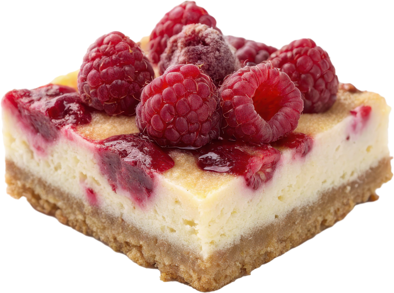 Decadent raspberry cheesecake bar with a creamy tangy filling and a buttery graham cracker crust topped with fresh juicy raspberries png