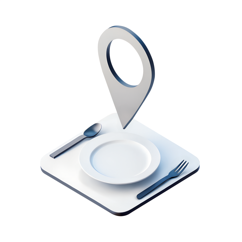 3D icon, Location Pin with Plate, spoon and fork Icon. minimalist style. Transparent background png