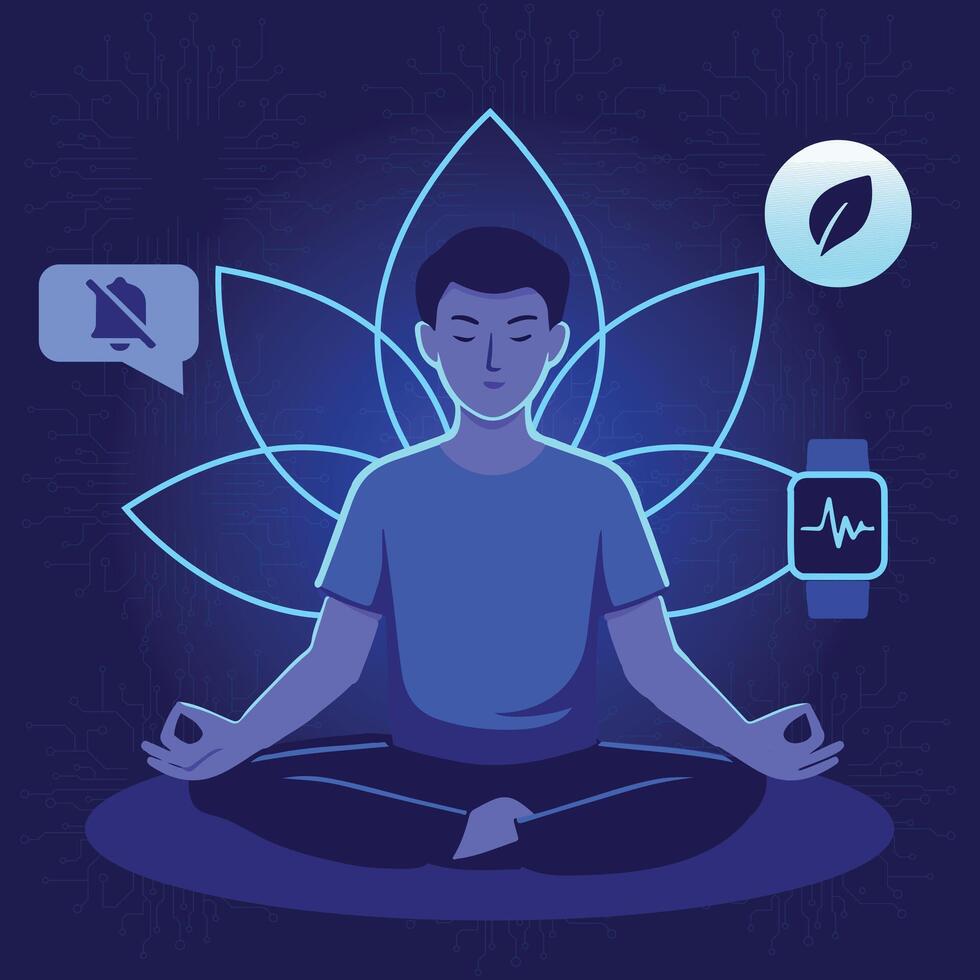 Tech and yoga balance person meditating in lotus pose with tech gear around vector