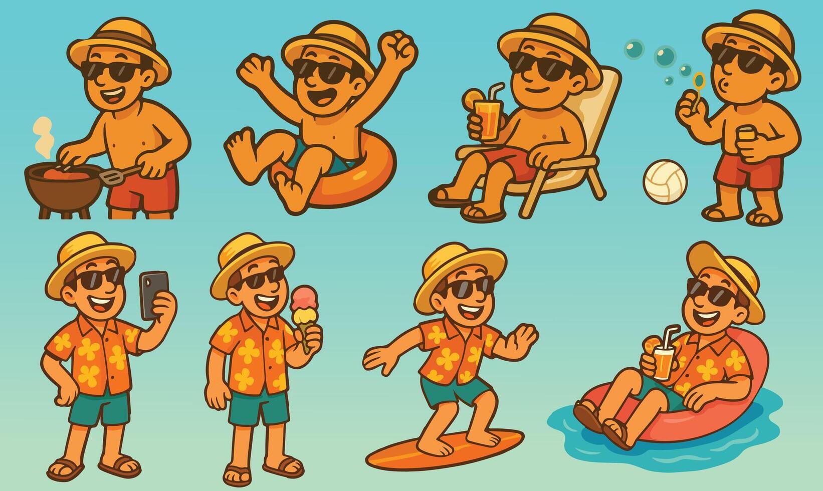 Summer Themed Character Doing Different Activities vector