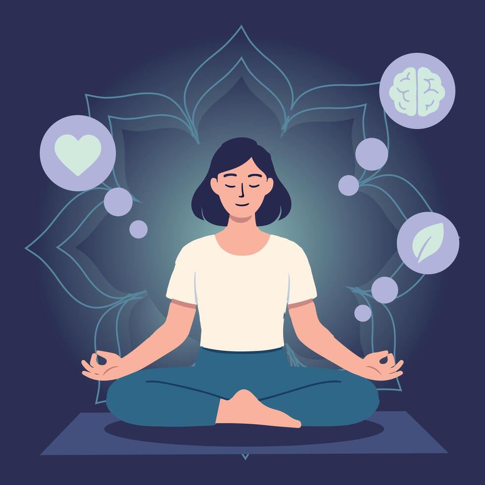 Yoga and mental wellness, woman meditating in lotus pose vector