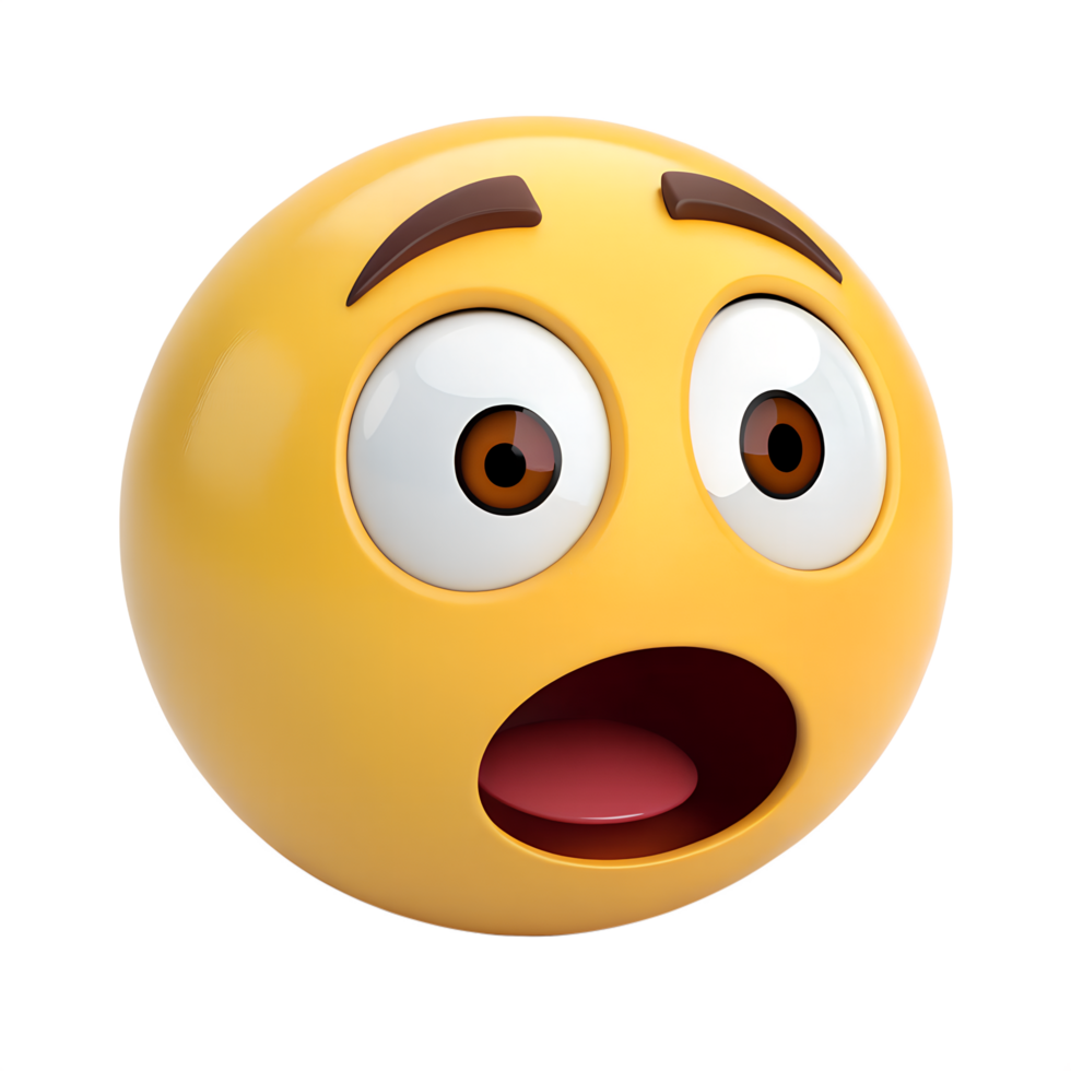 A bright yellow emoticon with raised eyebrows and wide eyes, mouth agape in surprise png