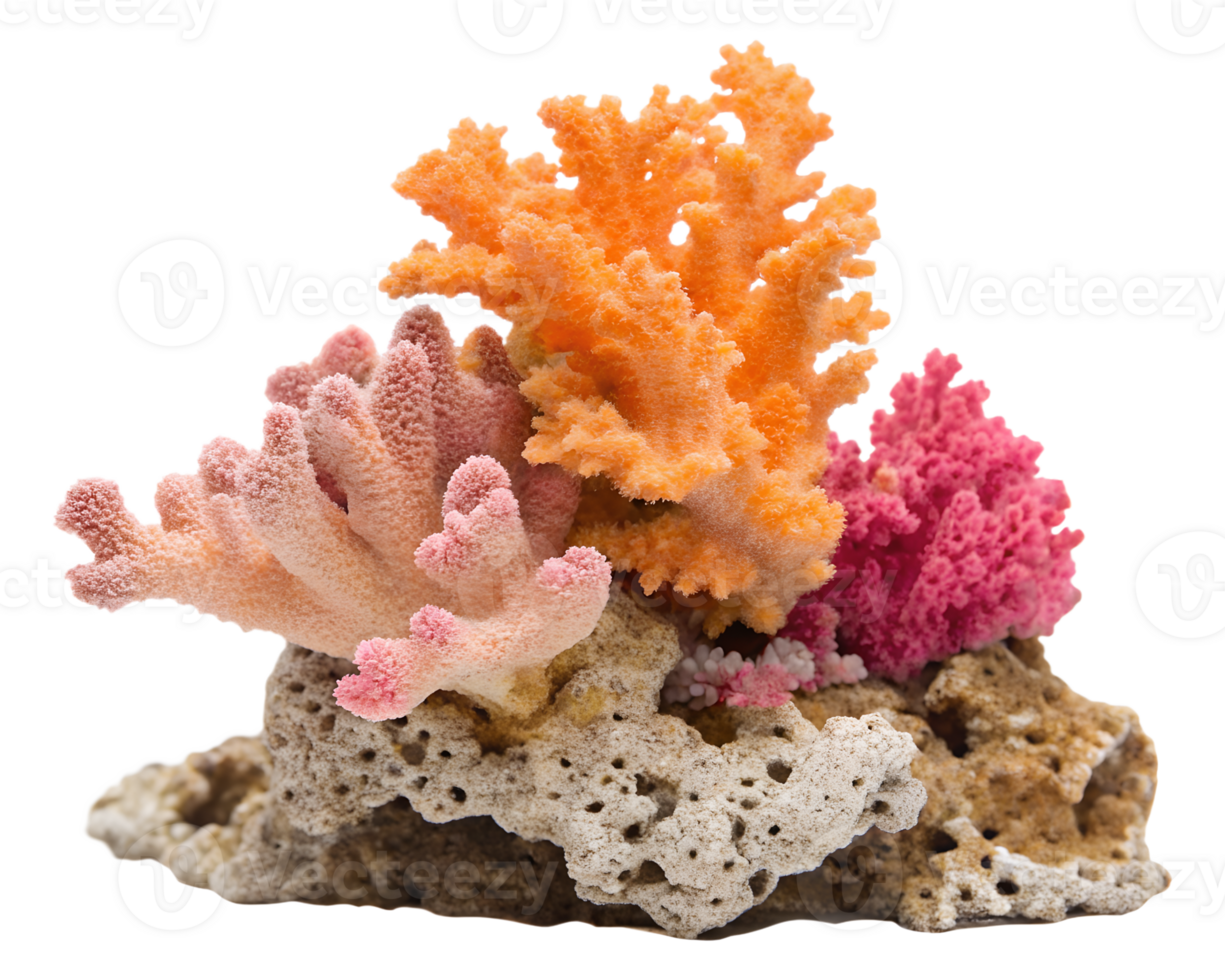 A detailed piece of a coral reef featuring bright orange and pink coral structures with intricate textures, isolated on a transparent background png