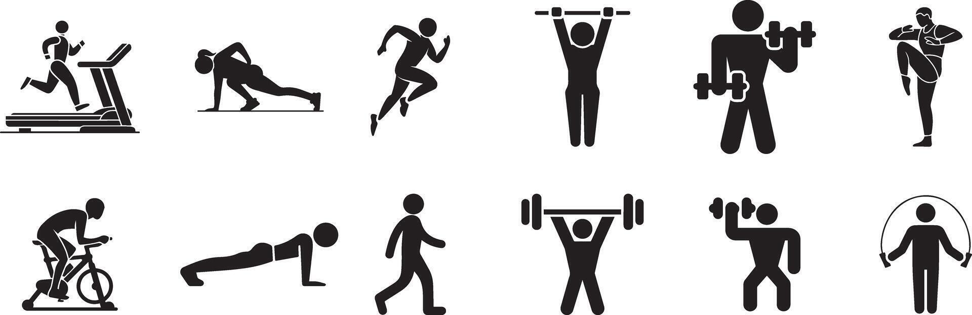 Diverse Exercise Pictograms Black Silhouettes Gym Workout Fitness Routine Training Concept vector