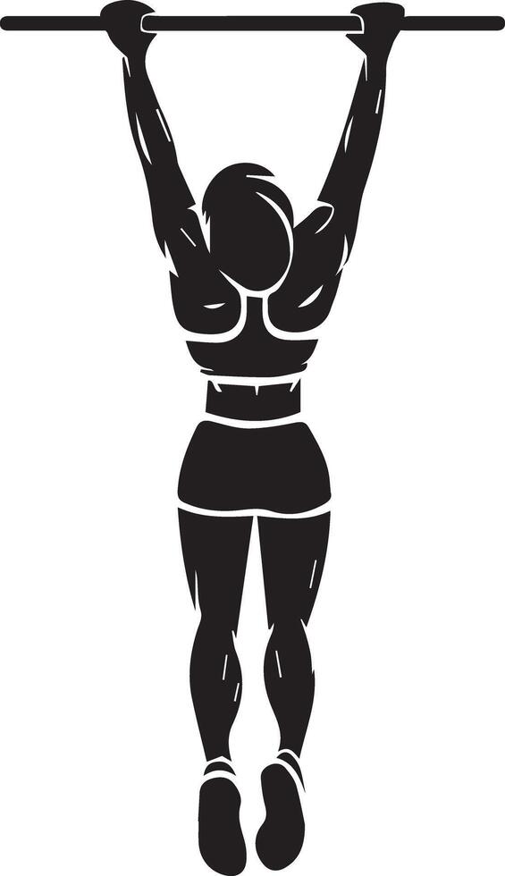 Silhouette Of A Strong Woman Doing Pull Ups On A Bar Gym Workout vector