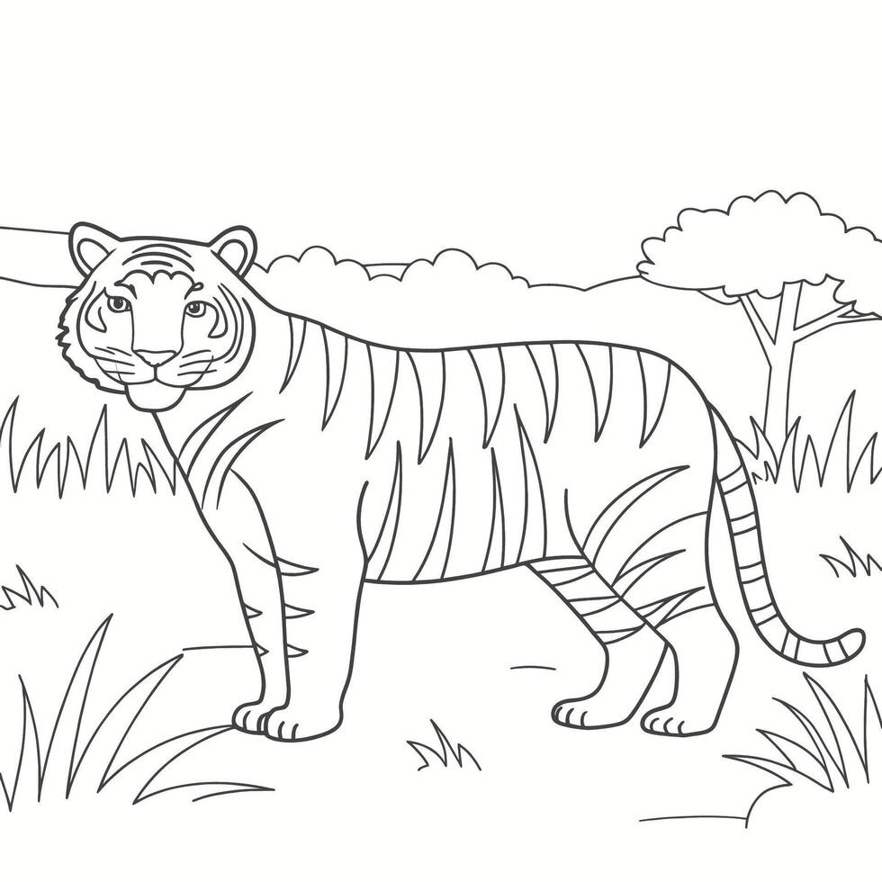 Black and white coloring page of a majestic tiger in a jungle setting. vector