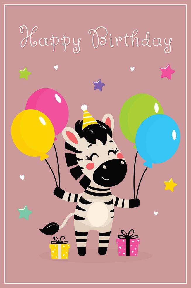 Happy Birthday Card with Zebra Flat Illustration. vector