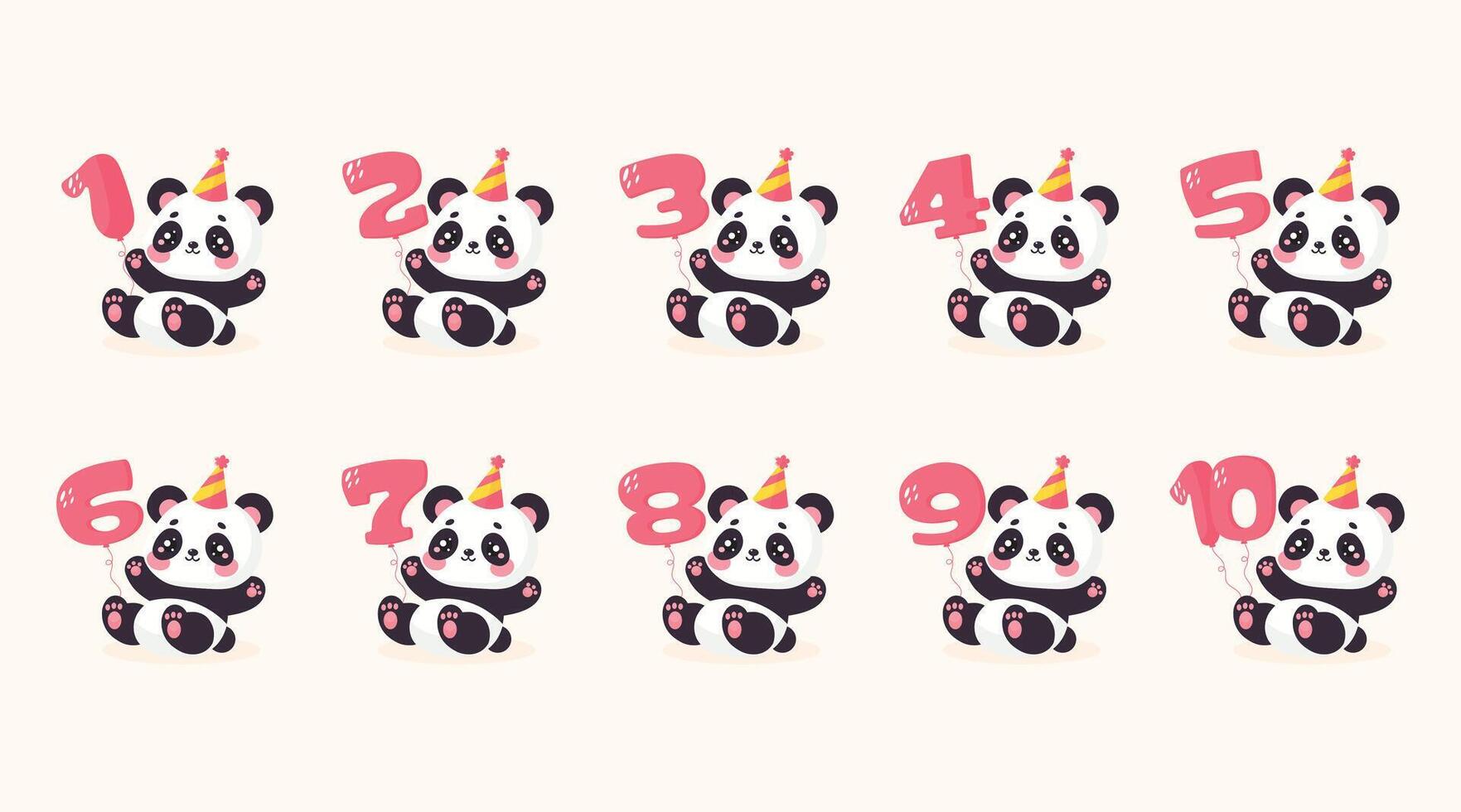 Cute Panda Set with Anniversary Numbers 1 to 10 Flat Illustration. vector