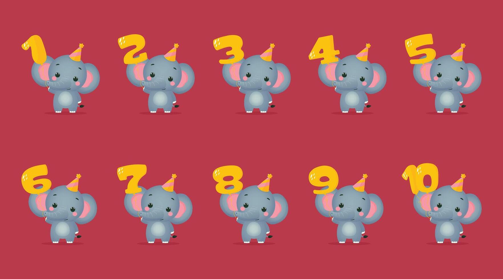 Cute elephant set with anniversary numbers from 1 to 10 illustration. vector