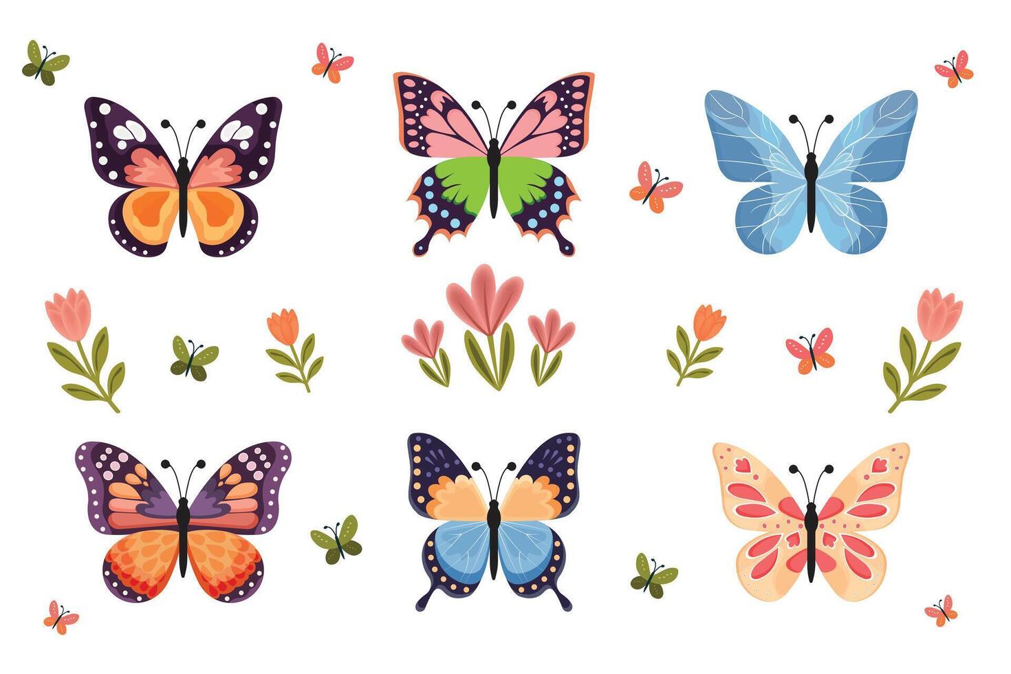 Spring Set Flowers and Butterflies Illustration. vector