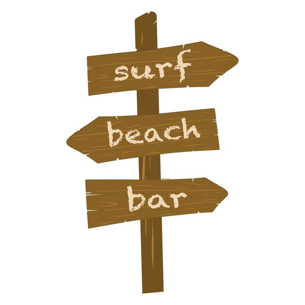 Wooden direction sign. Surf, beach, bar directions. Hand drawn . Wooden direction sign illustration for cards, designs, invitations, logos vector