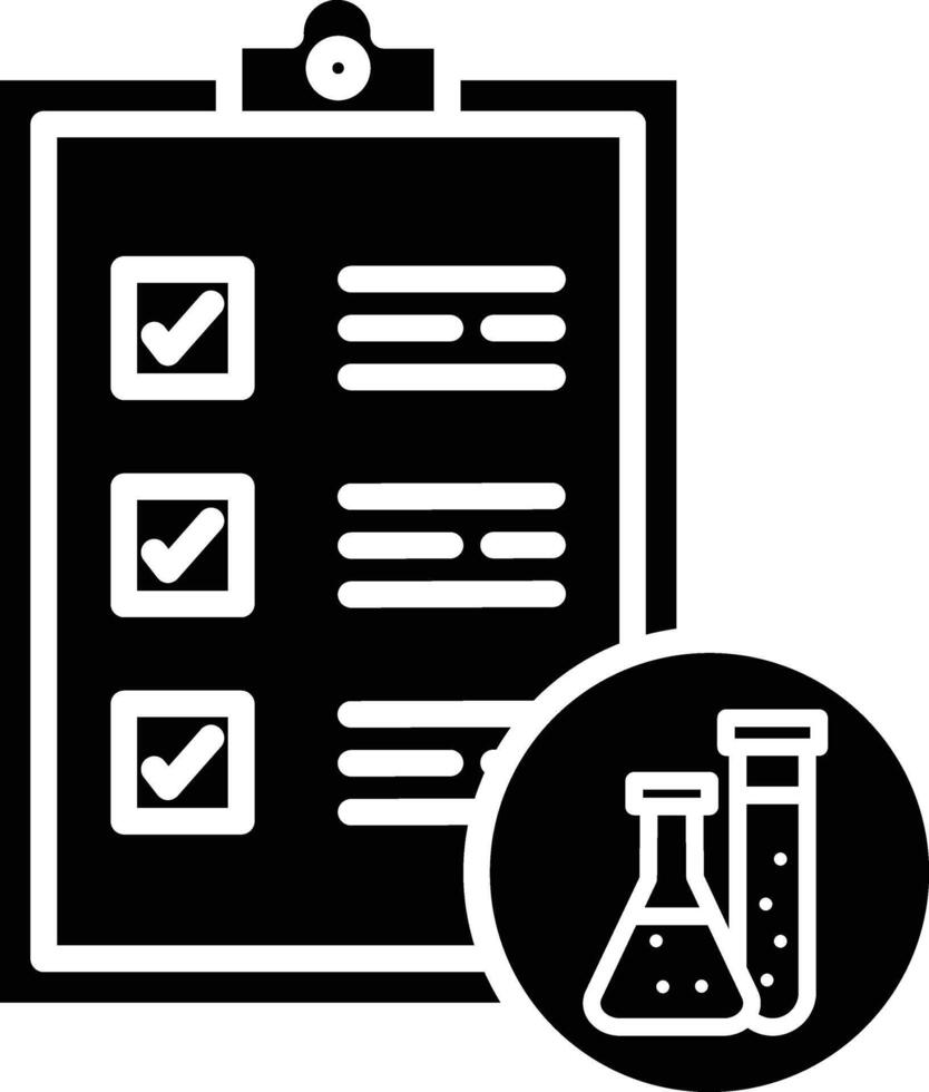 A black and white icon of a clipboard with a test tube and a check mark vector