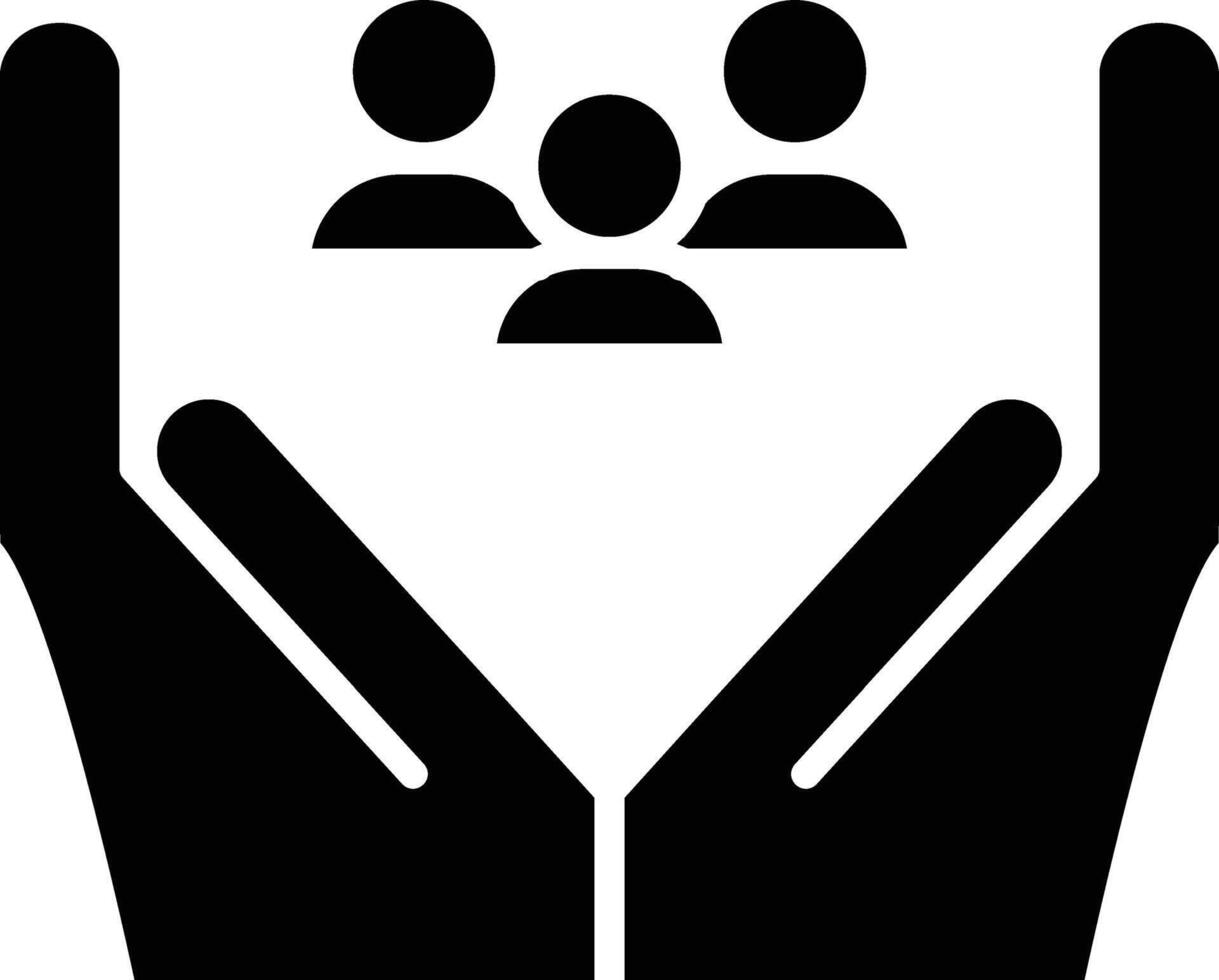 A black and white icon of two hands holding a group of people vector