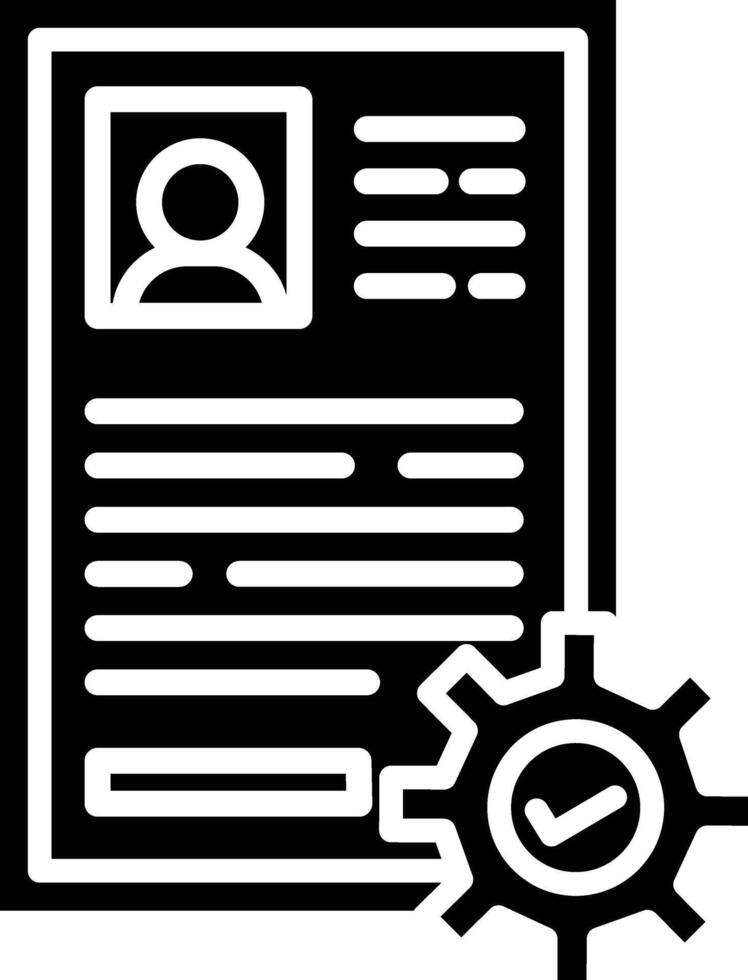 A black and white icon of a resume and gear vector