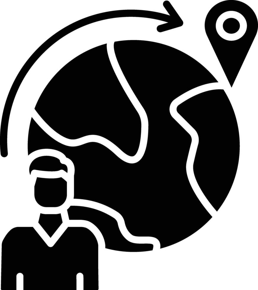 A person is standing in front of a globe with a pin pointing to a location vector