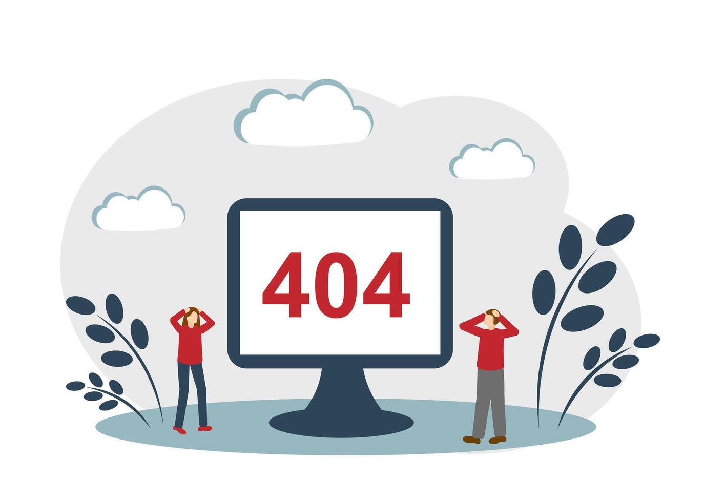404 Page not found. Error message on the computer. A man and a woman are terrified vector