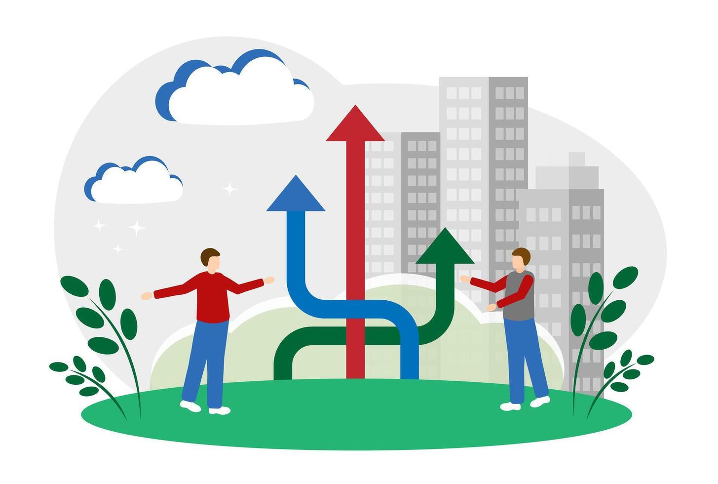 The concept of choice. Strategic planning. Men and arrows vector