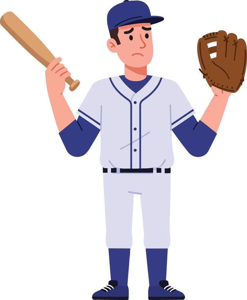 Young baseball player in a white uniform holding a bat and glove, flat design, expressive pose showcasing uncertainty, art vector