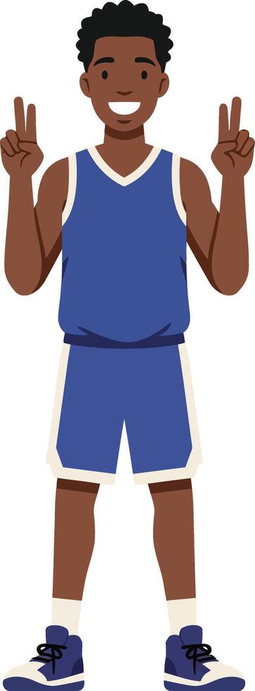 Young basketball player in blue uniform giving peace signs, cheerful expression, flat design art vector