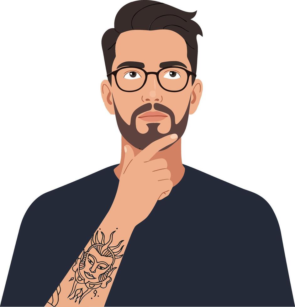 Thoughtful man with a beard and tattoos wearing glasses in a minimal flat illustration style, contemplating ideas in a modern setting, art vector
