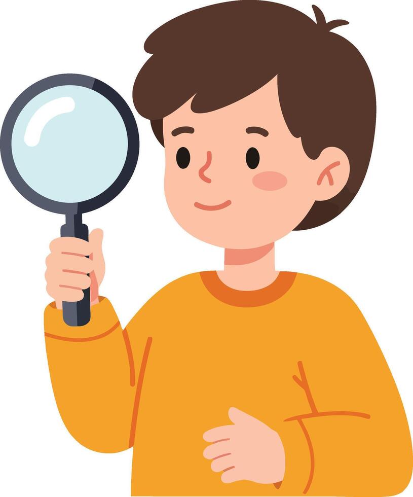 Curious boy holding a magnifying glass wearing a bright orange sweater in a playful flat illustration vector