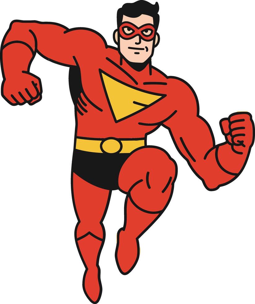 Heroic man in a red costume with a yellow emblem, dynamically posed in a flat design illustration vector